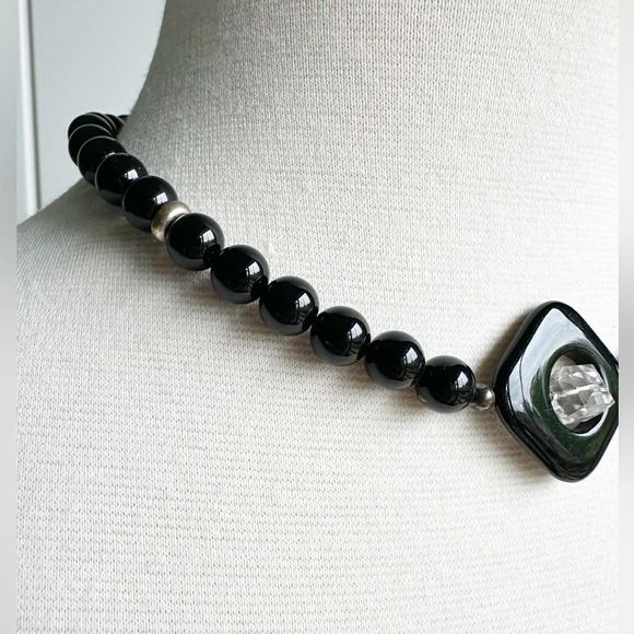 Vintage Black and Crystal Beaded Necklace Choker Square Bead Costume Jewelry - Picture 2 of 7